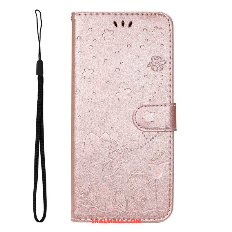 Folio-fodral Samsung Galaxy S23 5G Med Kedjar Strappy Cat And Bees