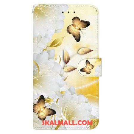 Fodral För Samsung Galaxy S24 5g Gyllene Fjäril Och Blommor Med Rem