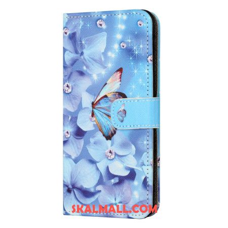 Fodral Xiaomi Redmi Note 13 4g Blå Blommor Och Fjäril Med Rem