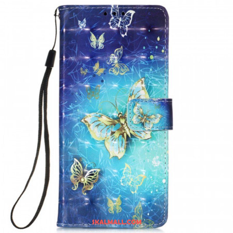 Läderfodral Samsung Galaxy S22 Ultra 5G Golden Butterflies Lanyard