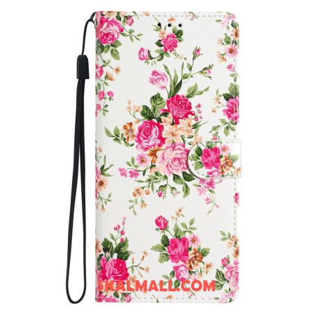 Läderfodral iPhone 16 Pro Max Telefonfodral Röda Blommor Med Rem